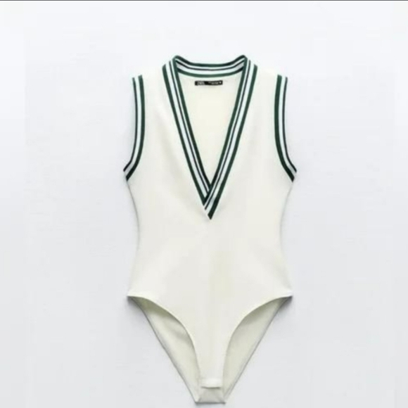 Zara Tops - NWT Zara White and Green Bodysuit with V-Neck and Athletic Cut.